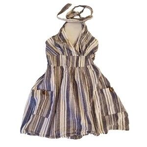 Dress Size M Halter Sundress Striped Cotton Linen Blend Light Summer Boho Cute